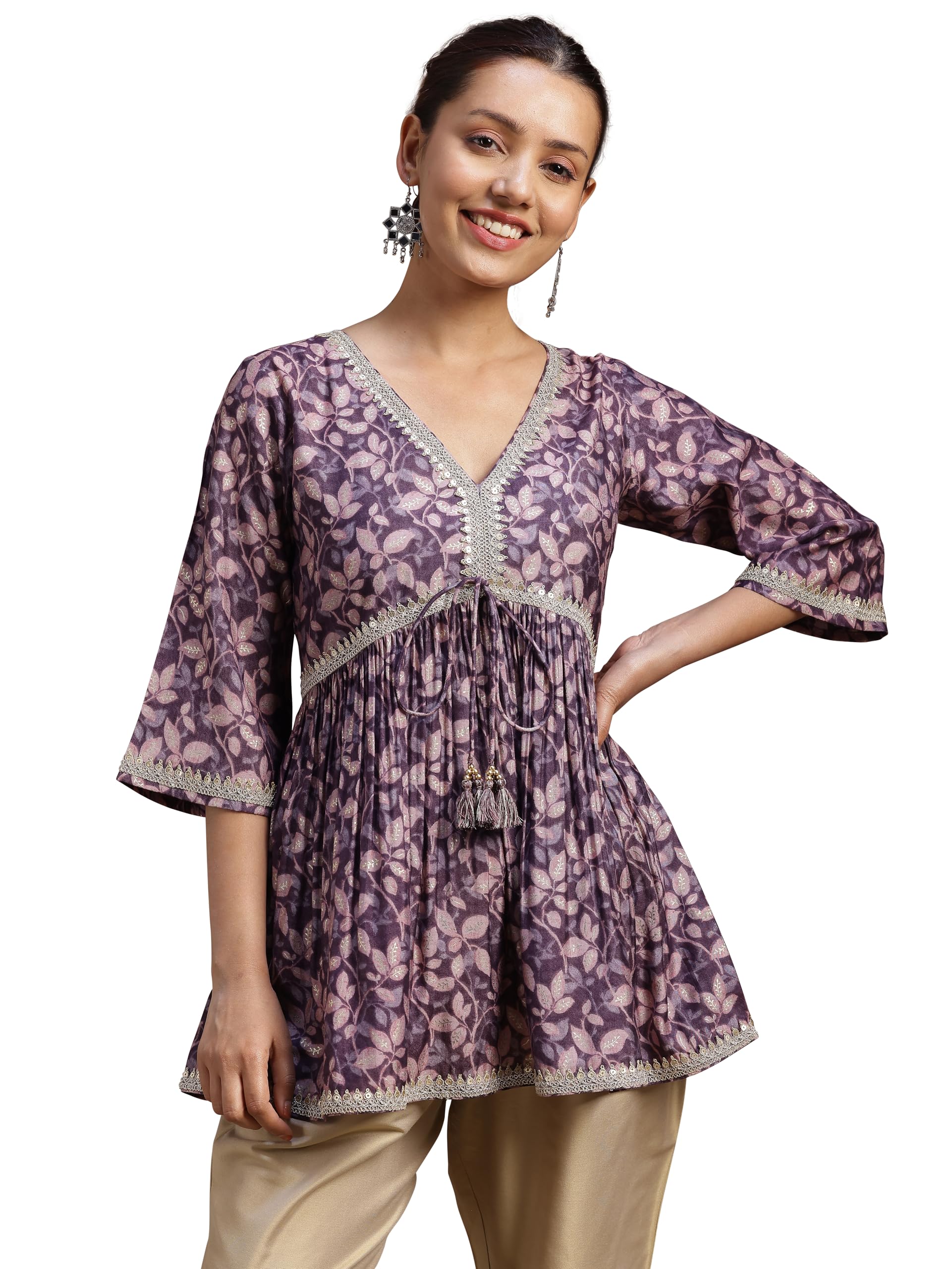 Libas Women'S Silk Blend Floral A-Line Kurti (291580R Purple