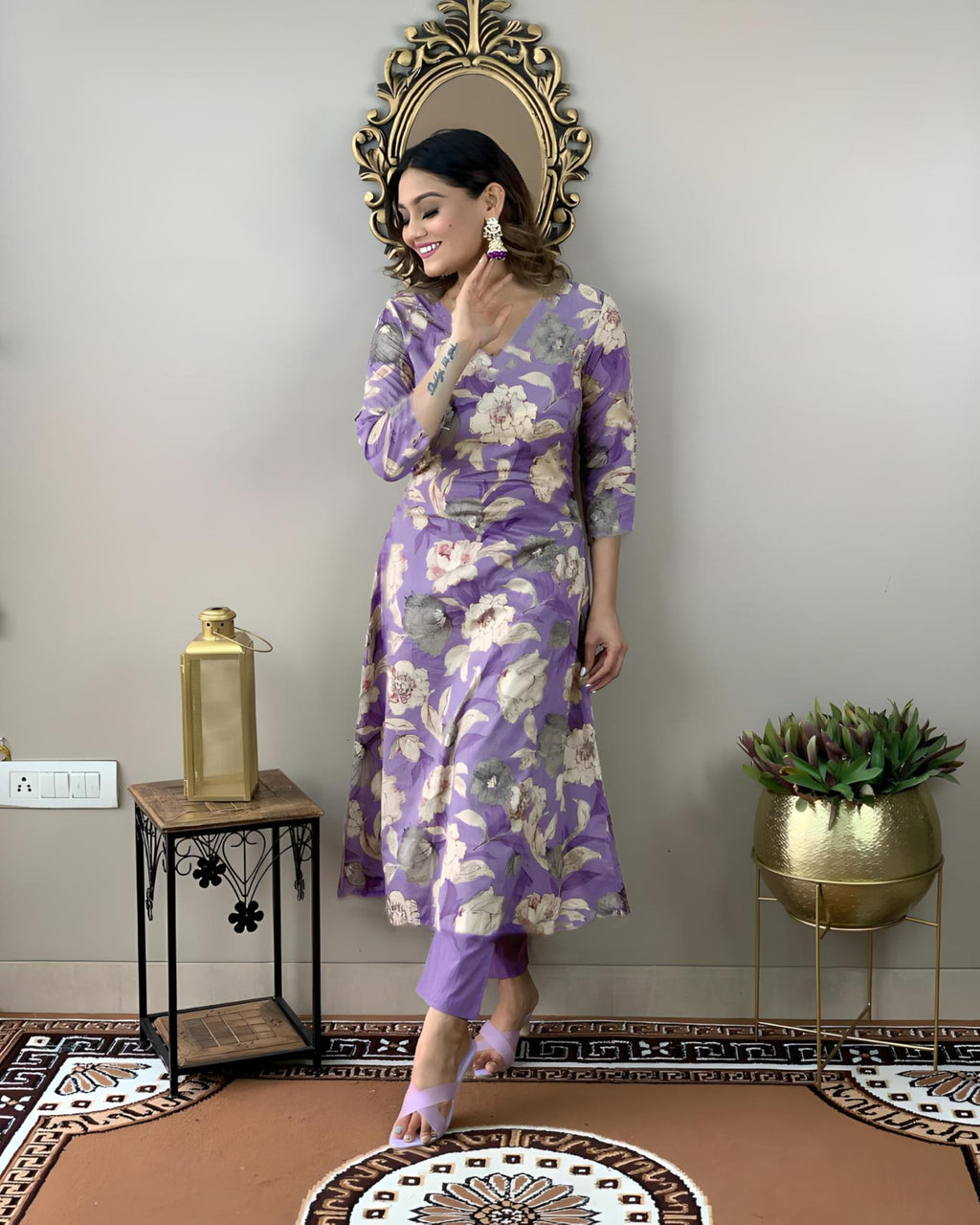 ANNI DESIGNER Womens Cotton Blend Straight Printed Kurta with Pant (DHUN Lavender_L_Lavender_Large)
