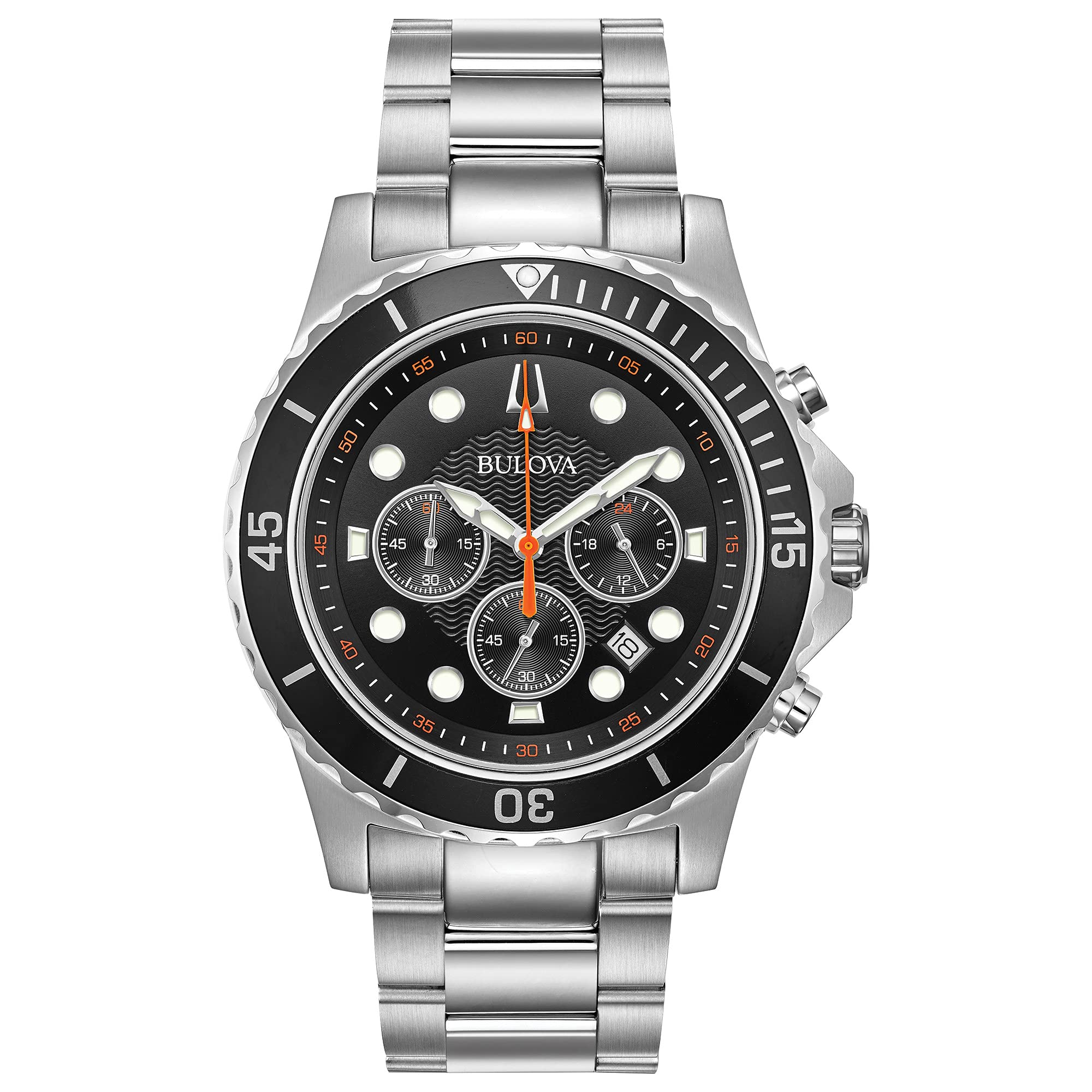 Bulova Men's Classic Sport 6-Hand Chronograph Quartz Watch, Calendar Date, Luminous Hands and Markers, 100M Water Resistant, 44m