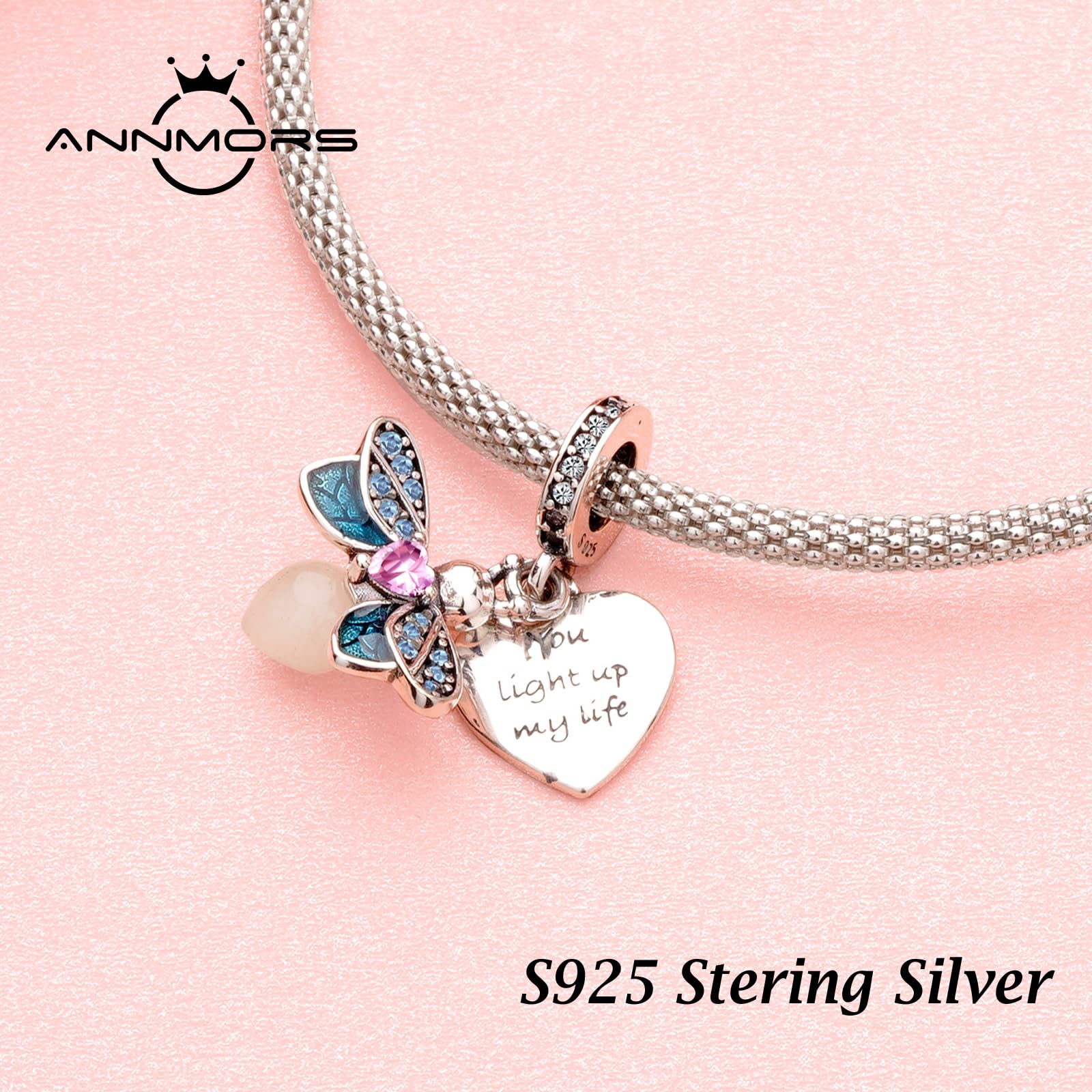 Annmors Firefly Charm Glow in the Dark 925 Sterling Silver Charms fit Bracelets Necklaces Dangle with 5A Cubic Zirconia Christma