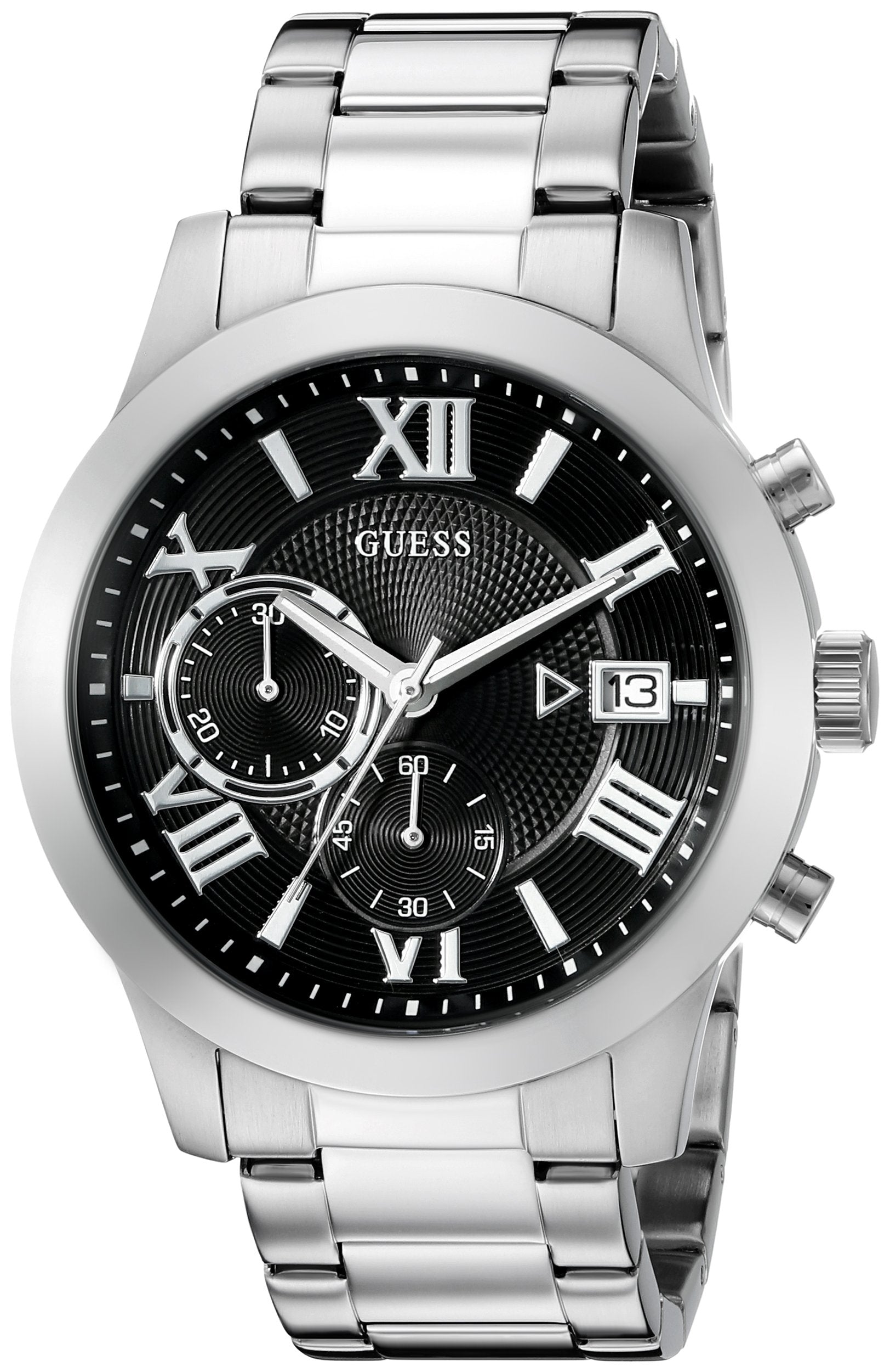 GUESS Stainless Steel + Black Chronograph Bracelet Watch with Date. Color: Silver-Tone (Model: U0668G3)