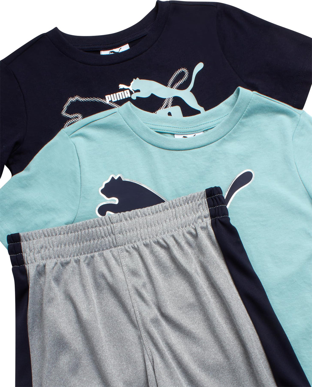 PUMA Boys' Short Set - 3 Piece Short Sleeve Graphic T-Shirts and Active Shorts Outfit Set for Boys (Sizes: 2T-7), Size 4, Mint/N