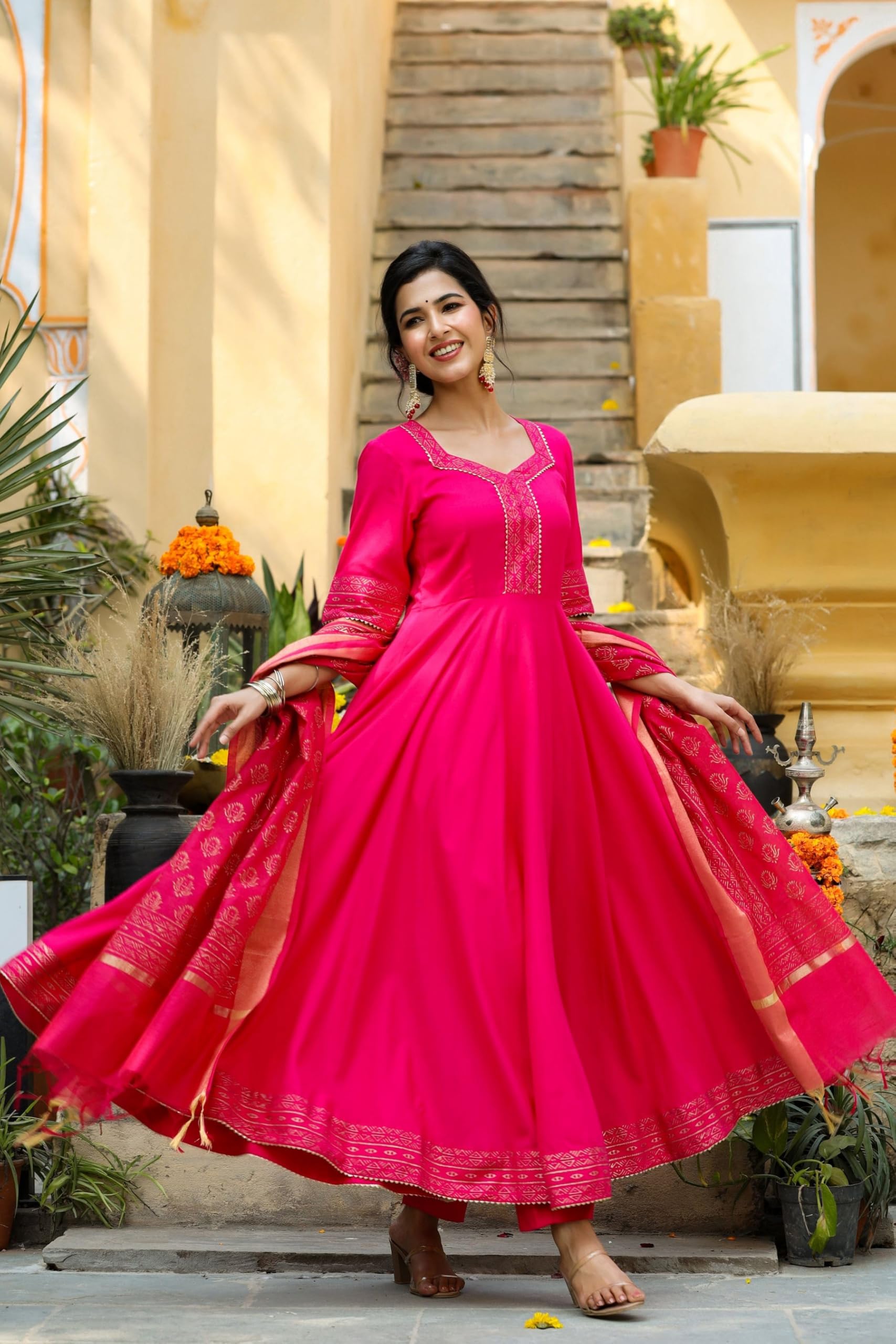 ANNI DESIGNER Women s Rayon Blend Kurta with Pants and Dupatta, Pink, XL