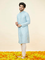 Manyavar MenS Blue Blended Cotton Printed Kurta Pyjama Set