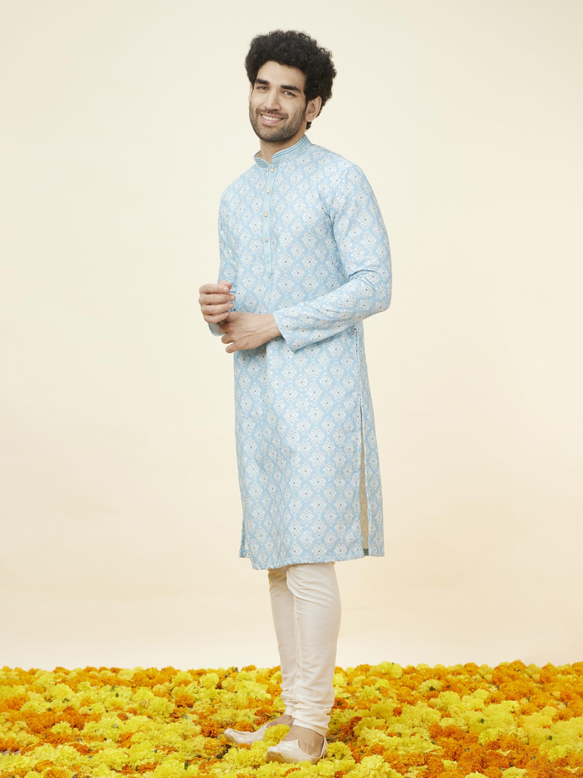 Manyavar MenS Blue Blended Cotton Printed Kurta Pyjama Set