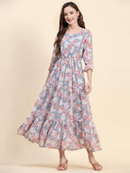 Toochki WomenS Grey Georgette Floral Tiered Western Dress | Dress For Women | A Line Dress | Winter Dress | Western Dress | Lat