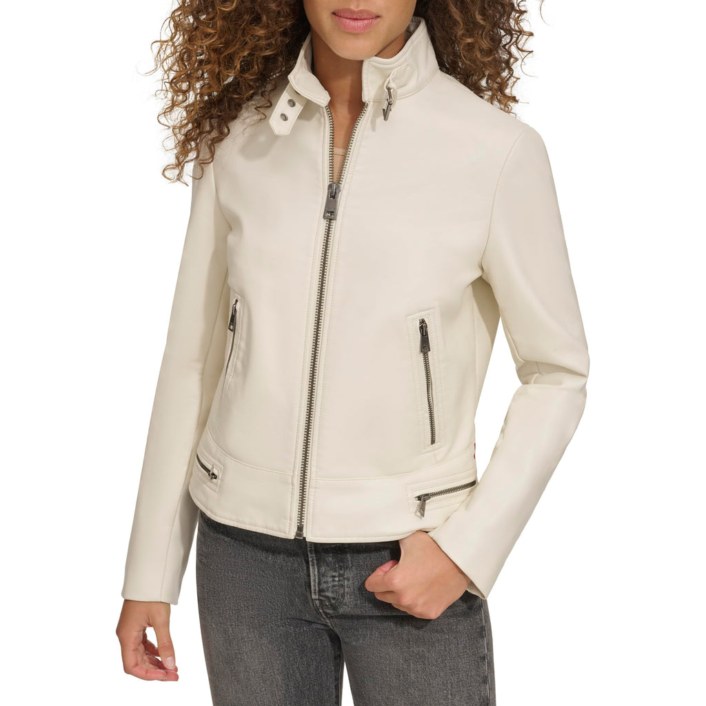 Levi's Women's Faux Leather Motocross Racer Jacket (Standard and Plus), Oyster Latch Collar, Small
