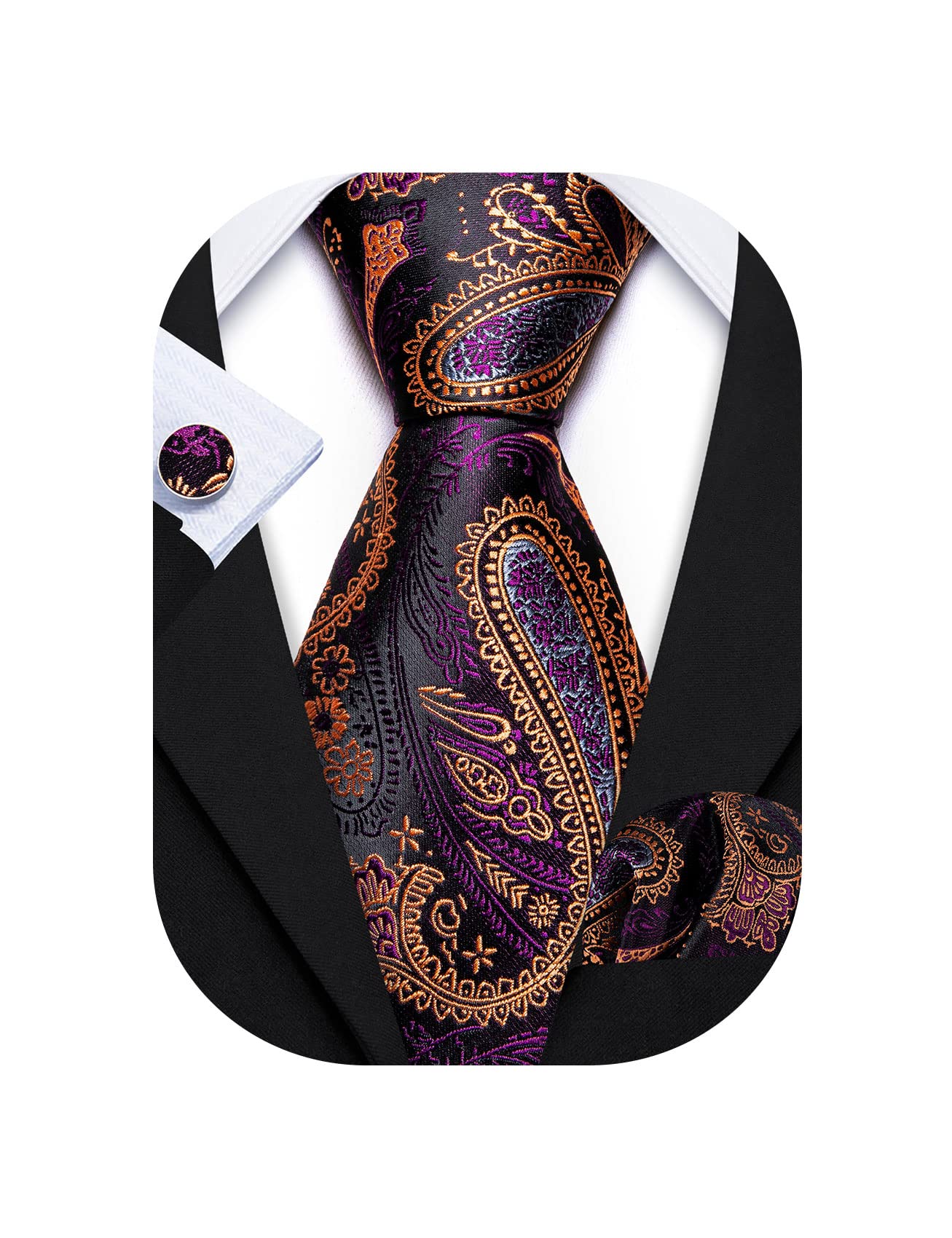BarryWang Purple gold Ties for Men Paisley Necktie Set Wedding Business