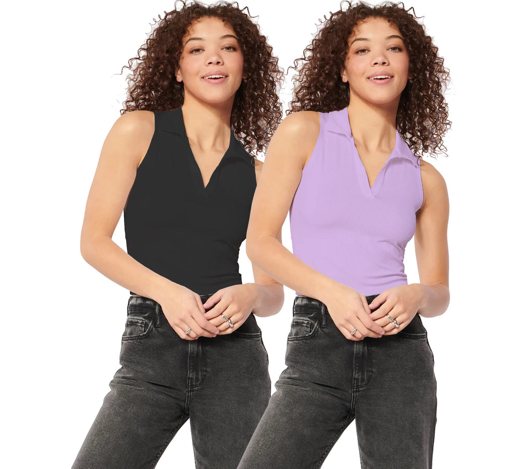 Shasmi Womens & Girls Solid Ribbed Polo Club Collar Sleeveless Slim Fit Simplicity Tank Tops (Pack of 2) (TOP 49 Black Purple 
