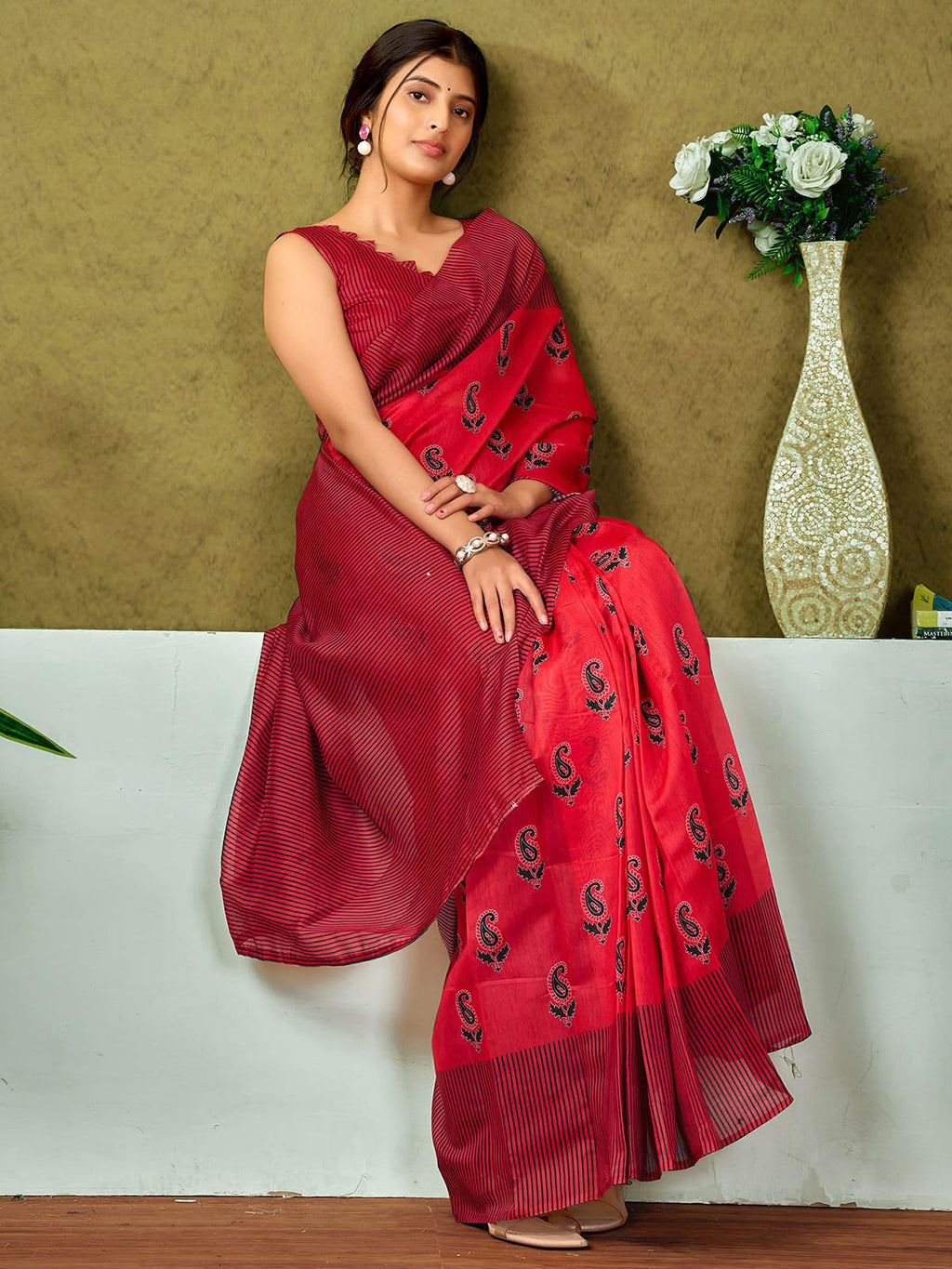 Satrani WomenS Chanderi Cotton Printed Ready To Wear One Minute Pre Pleated Readymade Saree With Unstitched Blouse Piece (32Rs3