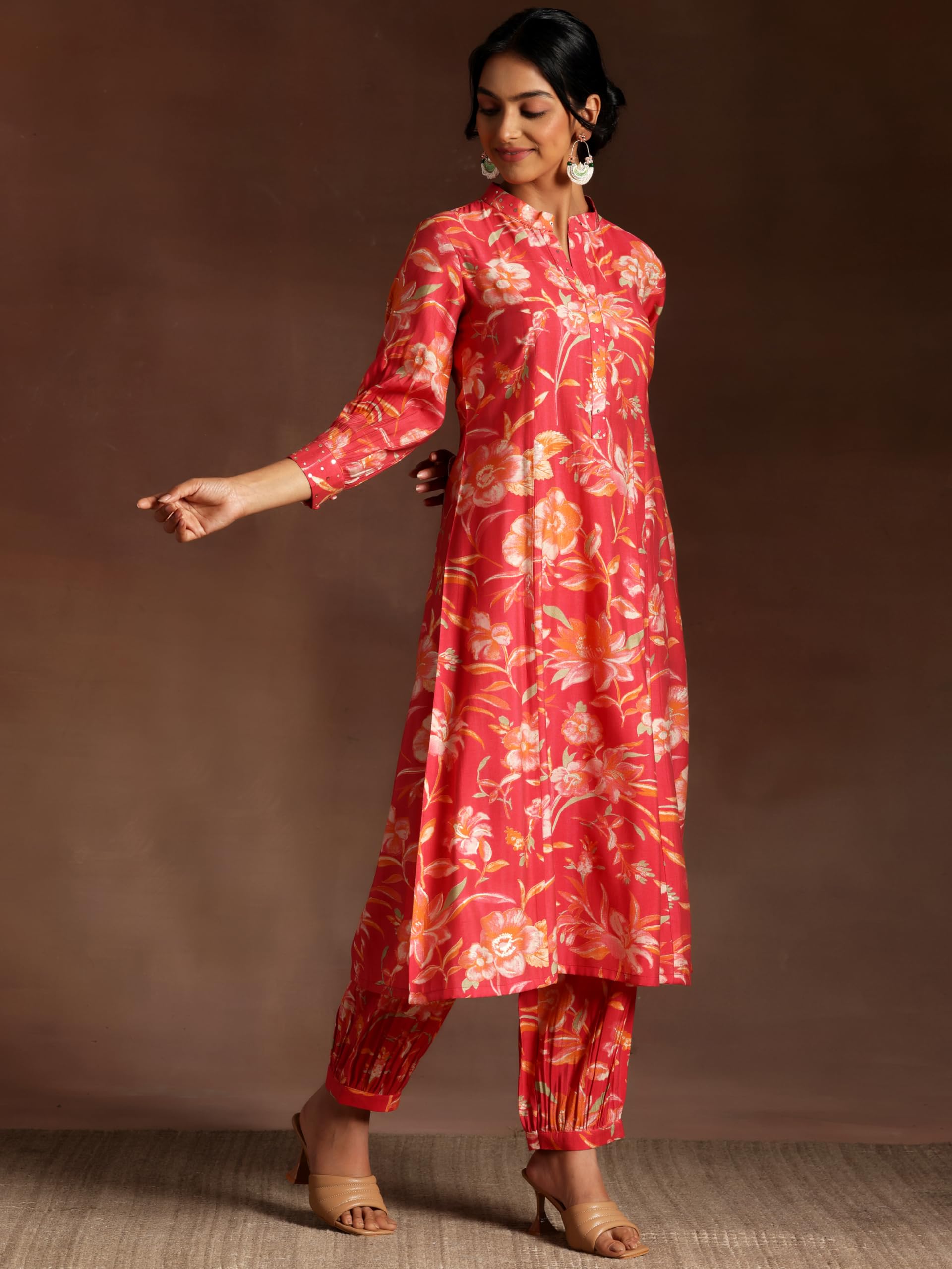 Libas WomenS Silk Blend Printed Co-Ords (35728_Coral