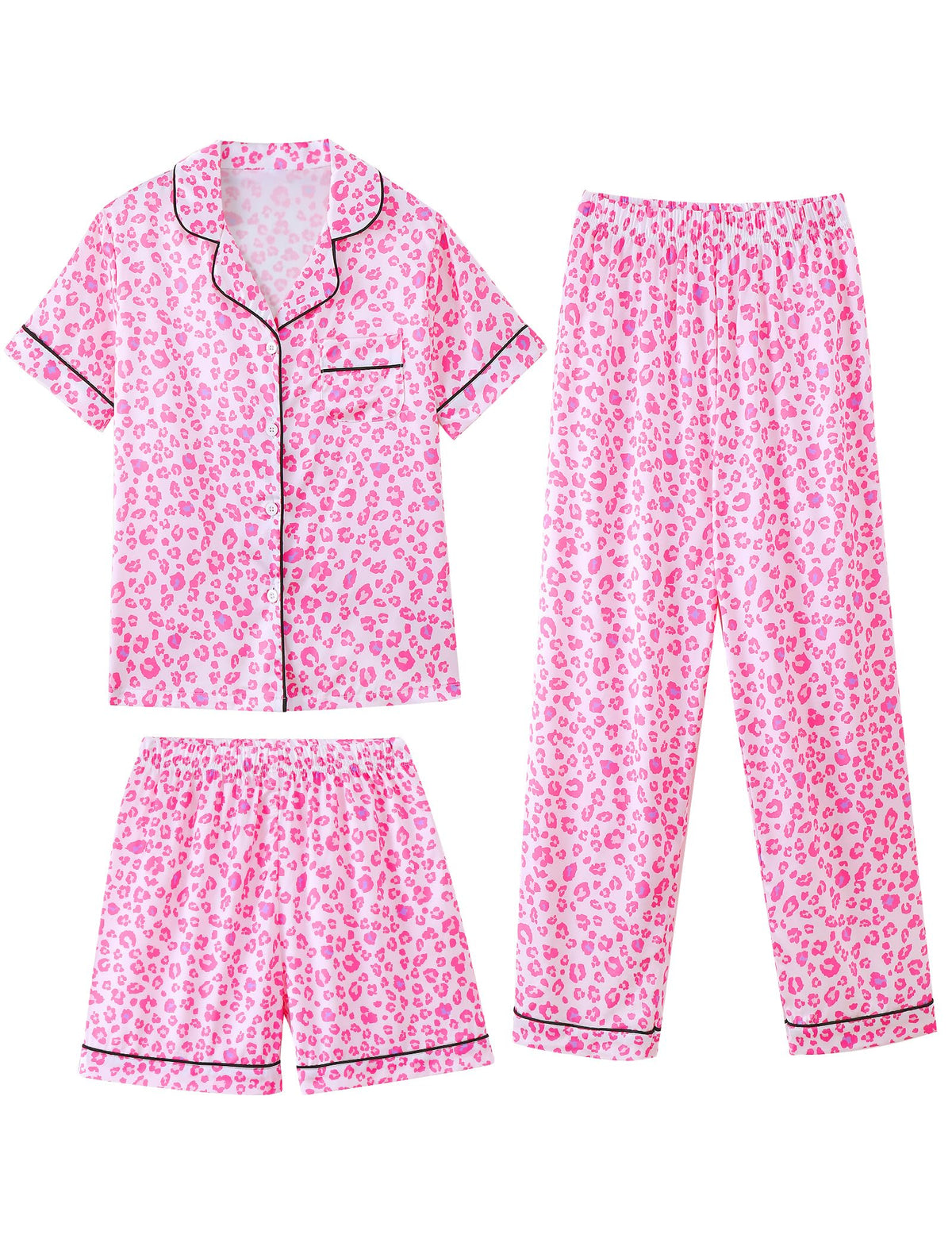 Mikrdoo 3 Piece Girls Silk Satin Pajamas Set Soft Lightweight Button Down Pjs Sleepwear for Kids Size 616 Years, Pink Leopard,  10