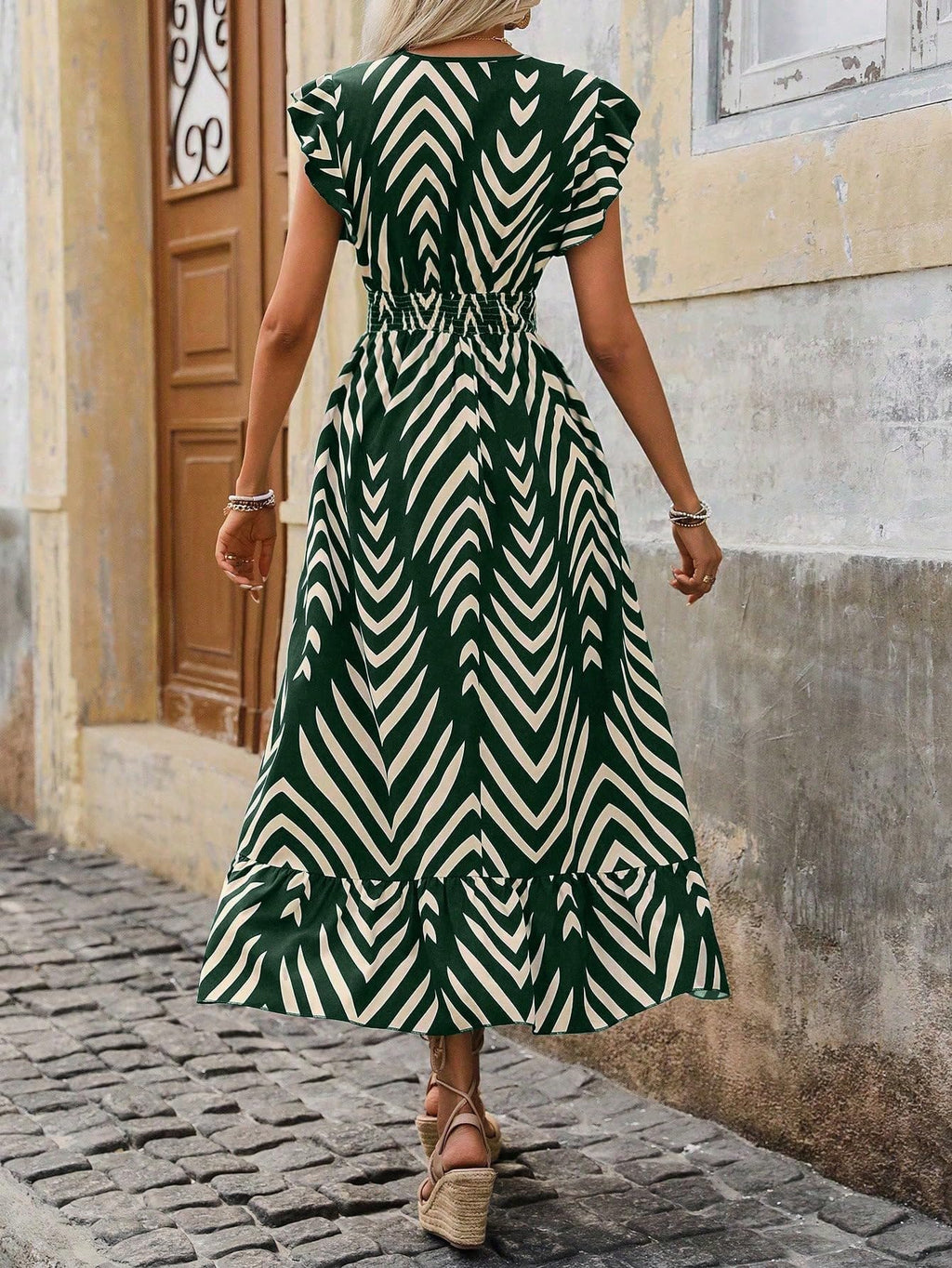 Shasmi WomenS Rayon Maxi Ruffled Hem And Belted Waist (V-Neck Striped Printed Dress 140_Green