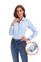 WARHORSEE Womens Button Down Shirt Long Sleeve Work Dress Shirts, V Neck Easy Care Stretchy Business Casual Blouses for Women(Bl