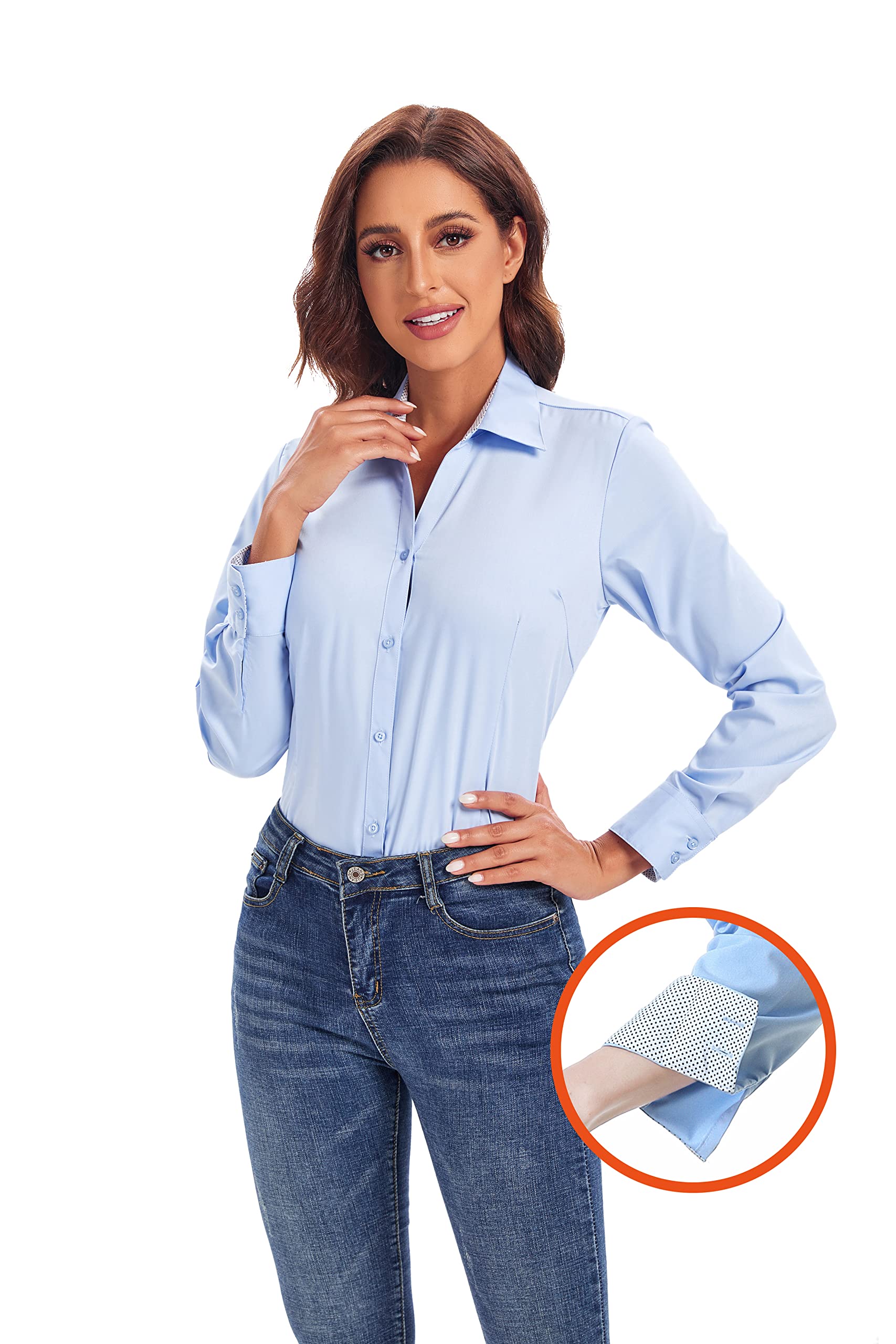 WARHORSEE Womens Button Down Shirt Long Sleeve Work Dress Shirts, V Neck Easy Care Stretchy Business Casual Blouses for Women(Bl