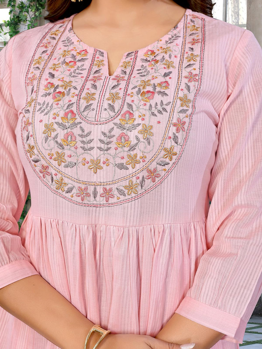 Rangita Women Pink Cotton Embroidered Flared Calf Length Dress_Xl