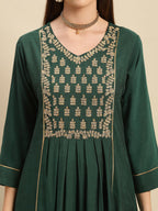 Rangita Green Viscose Blend Calf Length Embroidered Flared Kurti For Women | Kurta For Women