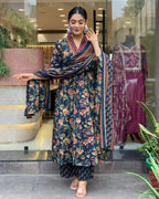 ANNI DESIGNER Women s Palazzo and Dupatta Rayon Blend Printed Kurta, Blue, 44