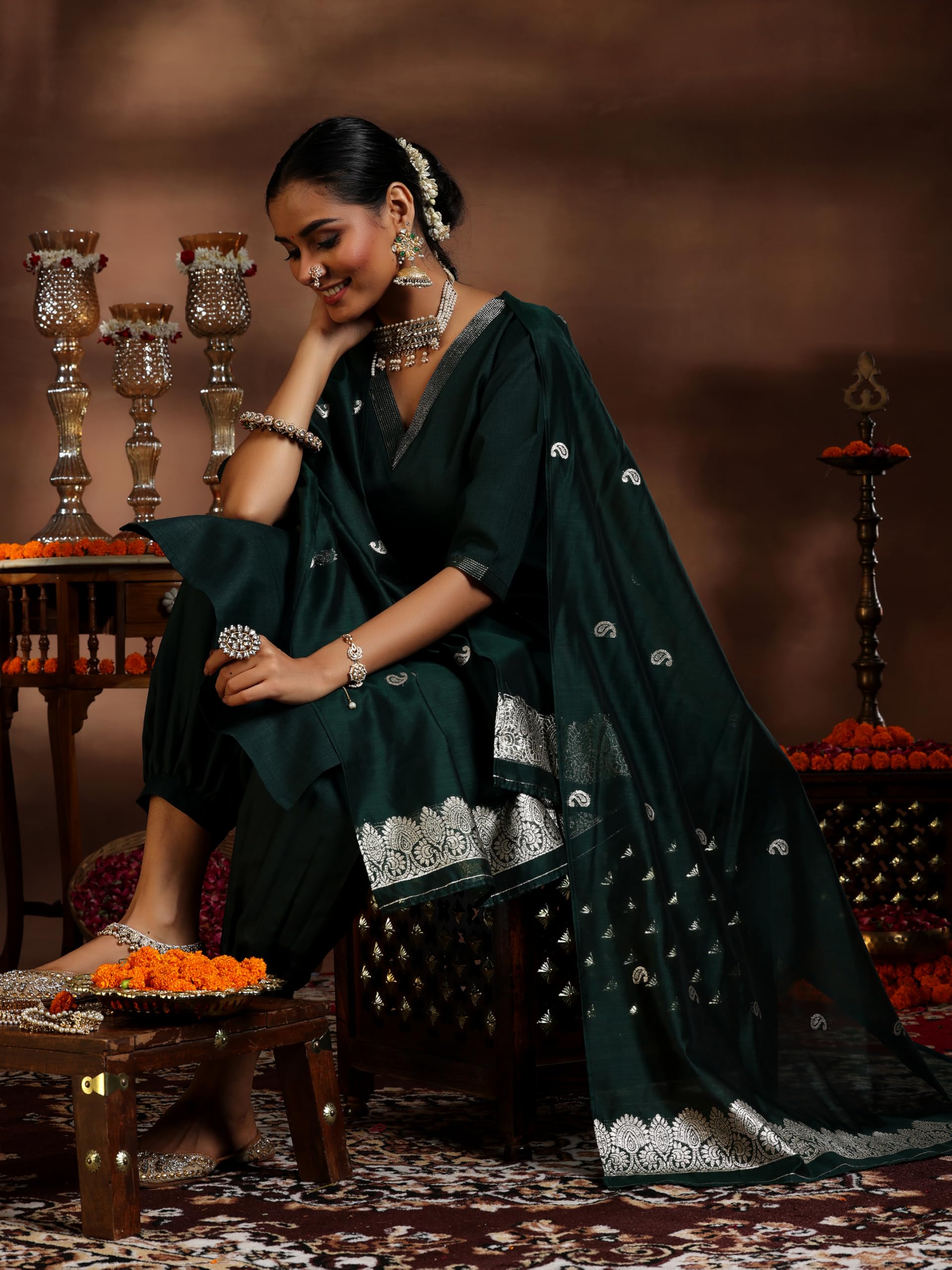 Libas WomenS Silk Blend Kurta Set (39051_Green