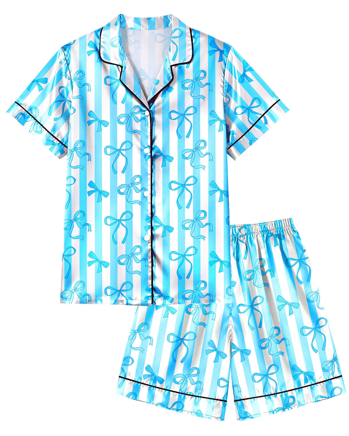 Sylfairy Girls Pajamas Silk PJS Set Bow Satin Sleepwear Short Sleeve Jammies for Kids ButtonDown Nightwear size 78 1012, Blue 13-14