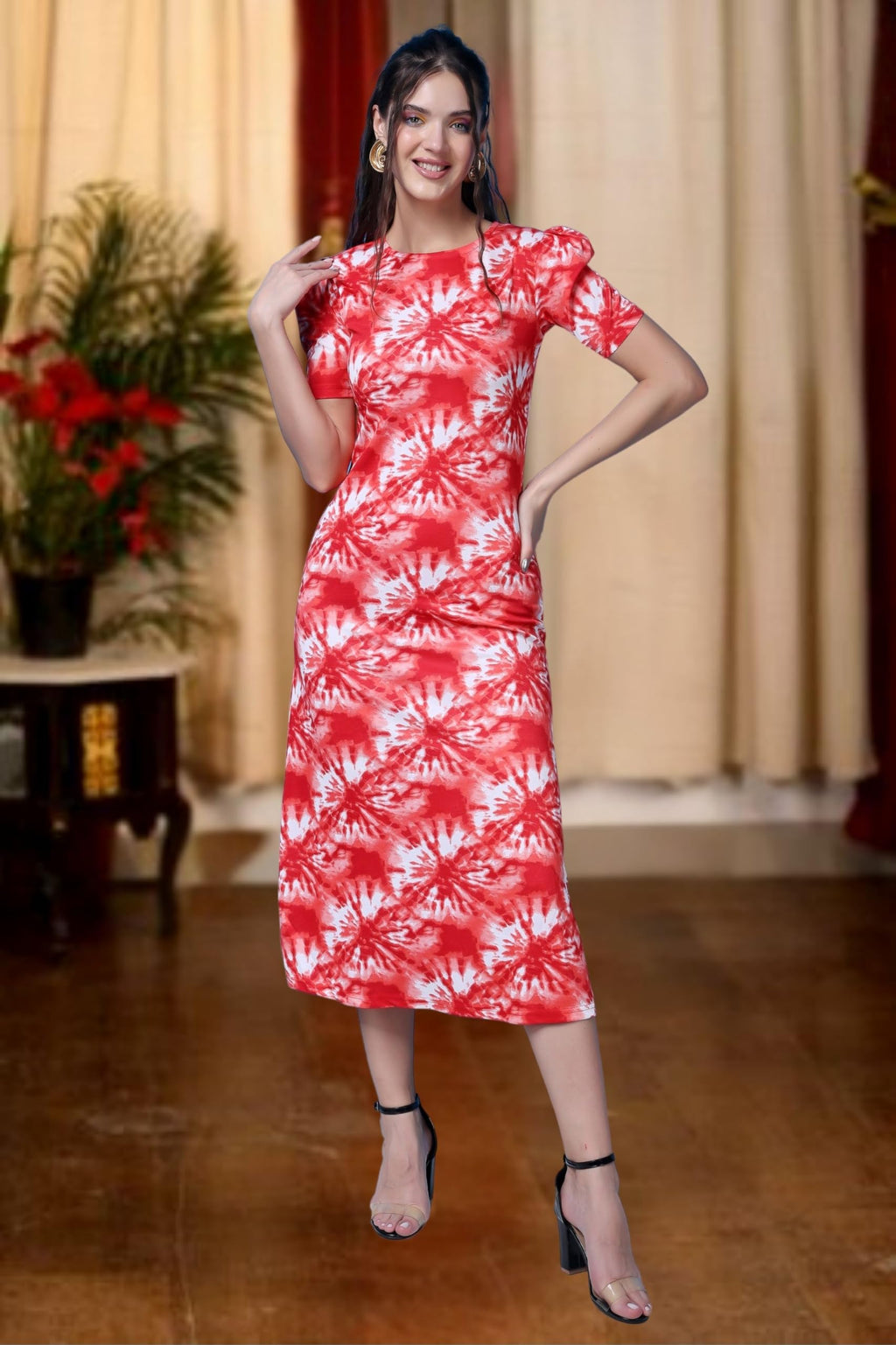 Popwings Casual Abstract Printed Midi Dress For Women | Half-Sleeves Long Dress For Women | Round-Neck Women Stylish Dress Red