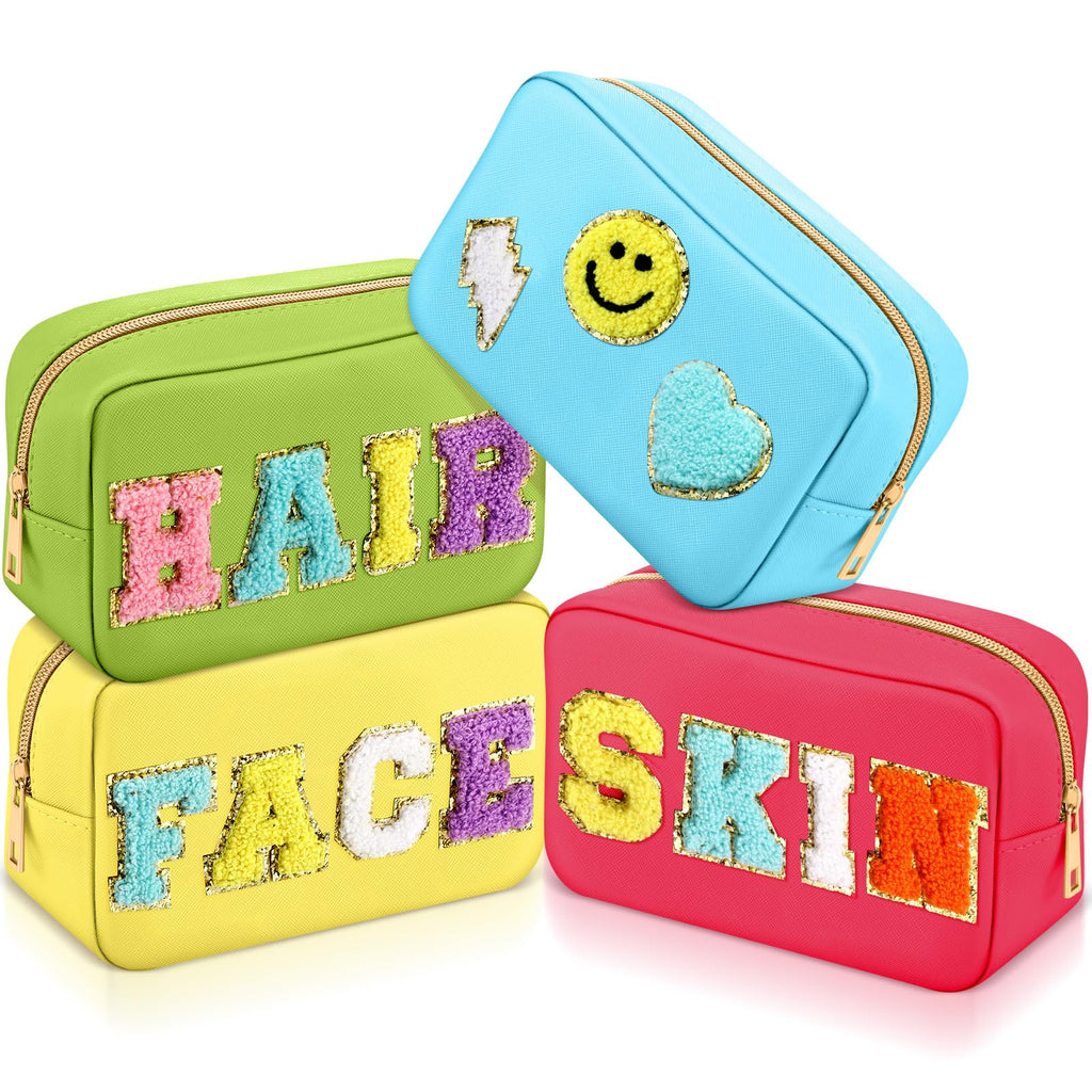 Sanwuta 4 Pcs Hair Face Skin Travel Bag Set Preppy Makeup Pouch PU Leather Skincare Bag Waterproof Cosmetic Organizer Birthday C