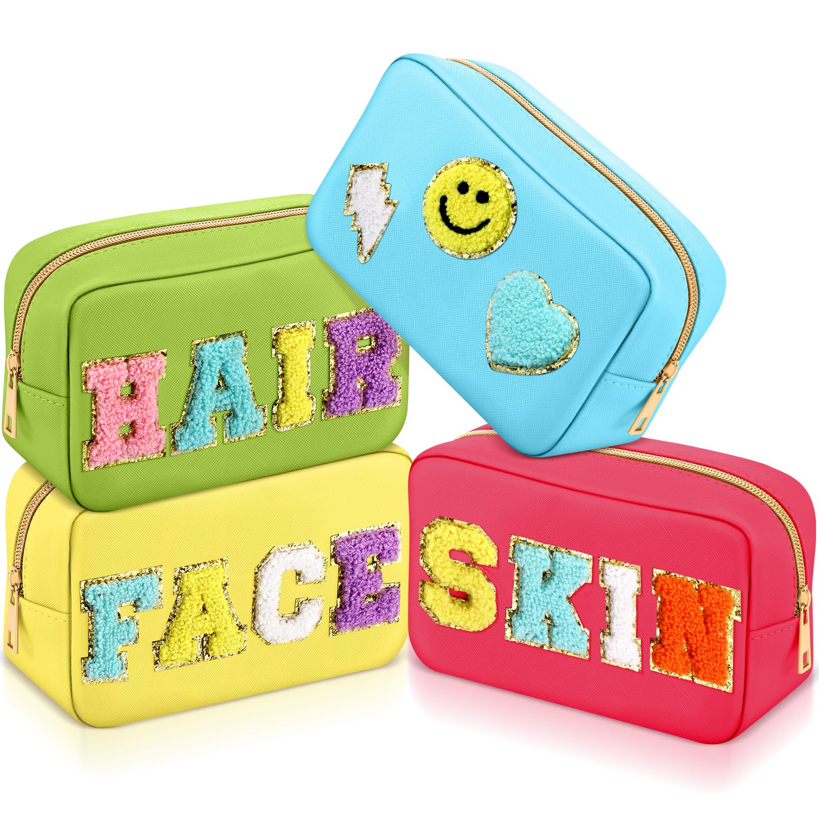 Sanwuta 4 Pcs Hair Face Skin Travel Bag Set Preppy Makeup Pouch PU Leather Skincare Bag Waterproof Cosmetic Organizer Birthday C