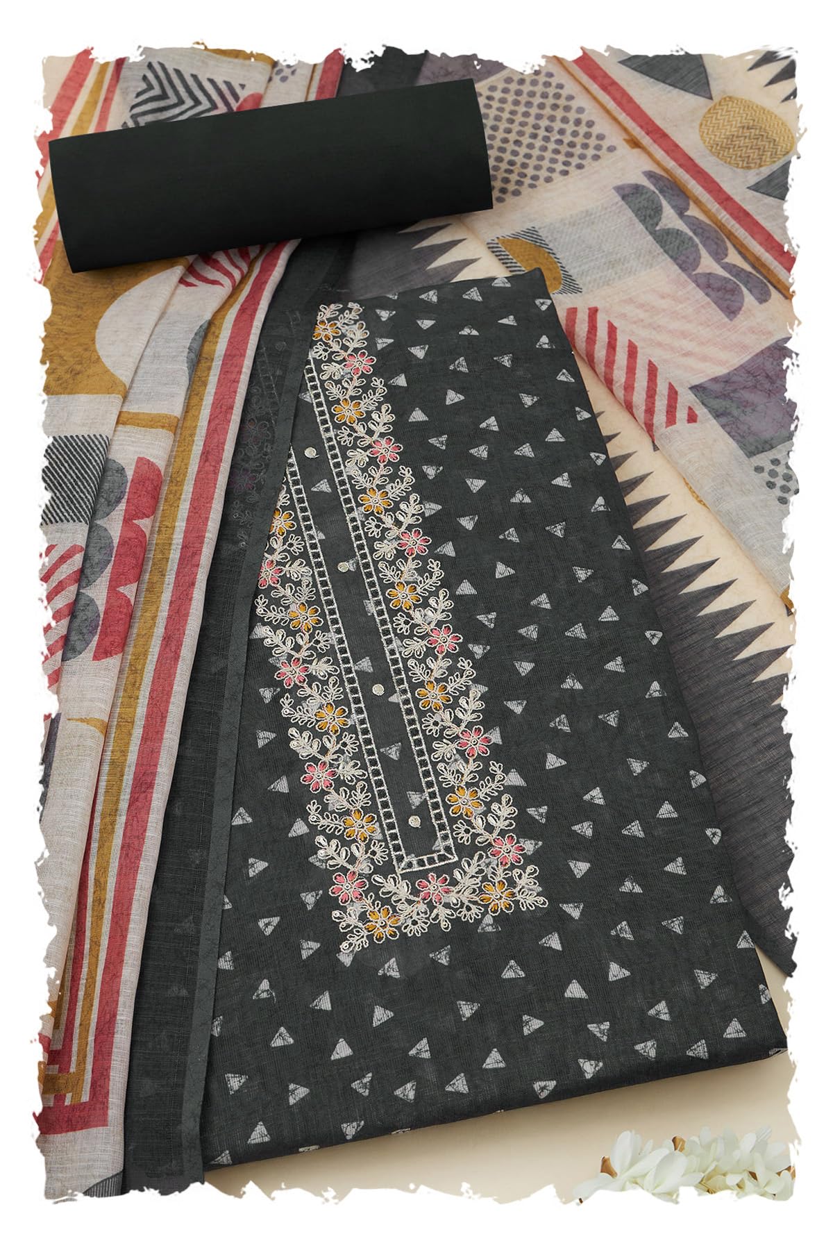 Soch Women Linen Geometric Print Unstitch Dress Material with Thread Work