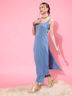 Varanga Women Blue Spaghetti Strap Straight Kurta With Tonal Bottom & Dupatta  Lace & Gotta Detailing On Yoke For A Stylish And