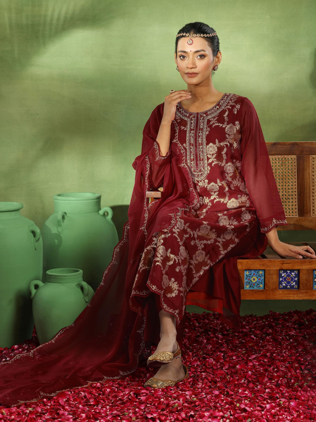 Libas WomenS Organza Woven Design Kurta Set (49318 Maroon