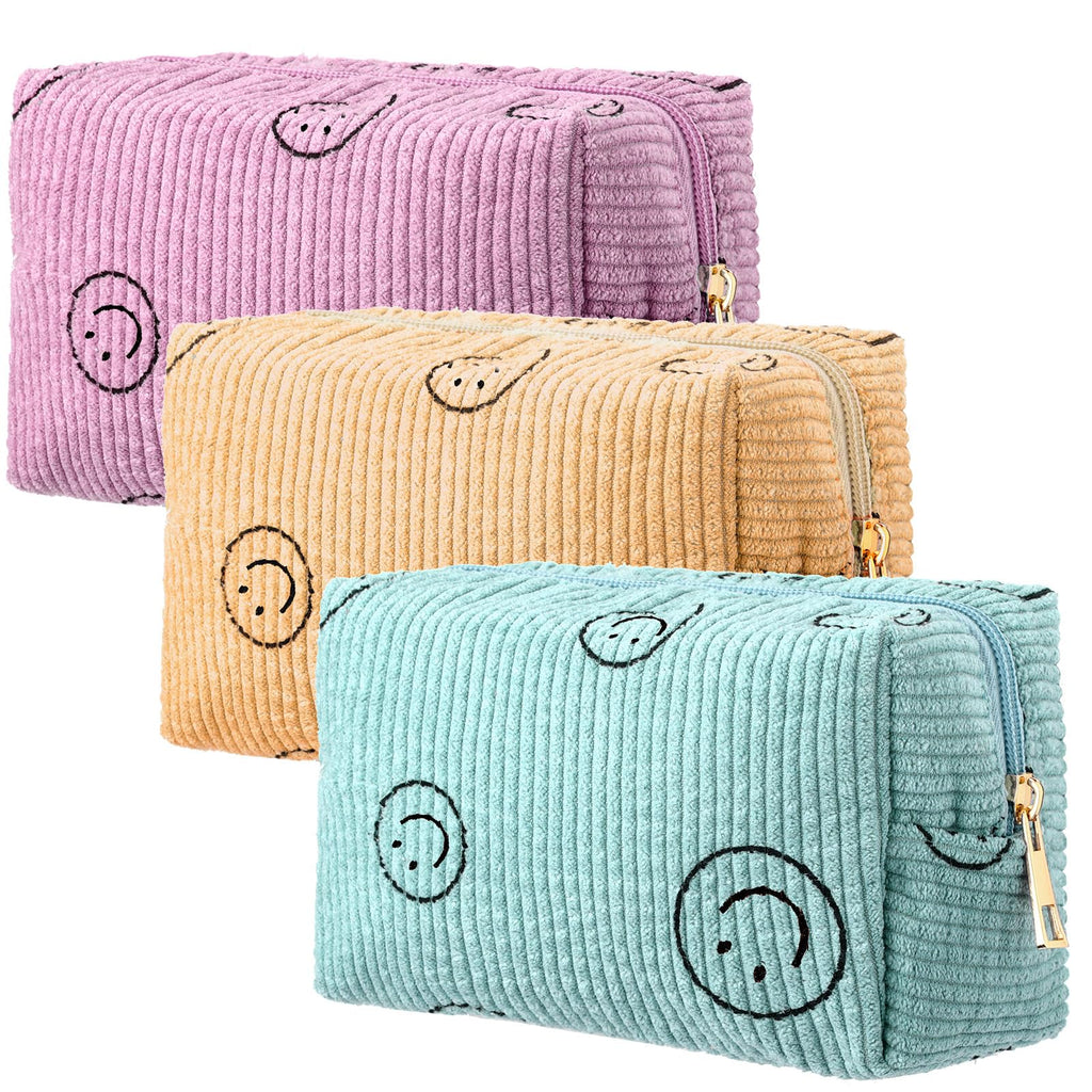 Photect 3 Pcs Corduroy Cosmetic Bag Smile Face Aesthetic Preppy Makeup Bag Corduroy Toiletry Aesthetic Pouch Travel Smile Bags f