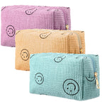 Photect 3 Pcs Corduroy Cosmetic Bag Smile Face Aesthetic Preppy Makeup Bag Corduroy Toiletry Aesthetic Pouch Travel Smile Bags f