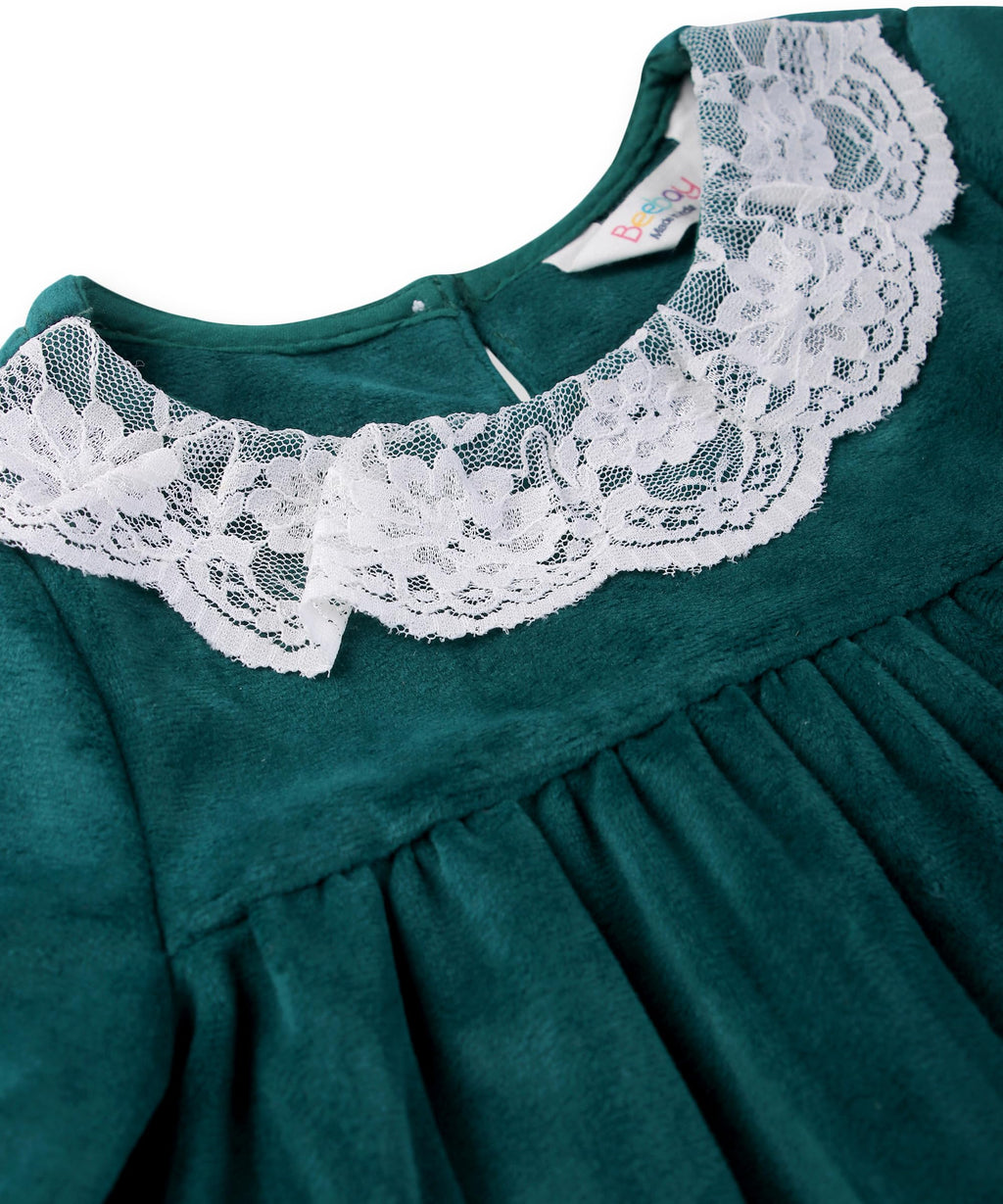 Beebay Kids Girls Lace Detailed Velvet A-Line Drrss Green