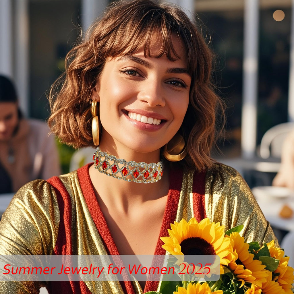 NABROJ Choker Necklace Halloween Jewelry for Women,Gold Chunky Diamond Red Rhinestone Ruby Choker Necklace Wide Necklaces Weedin