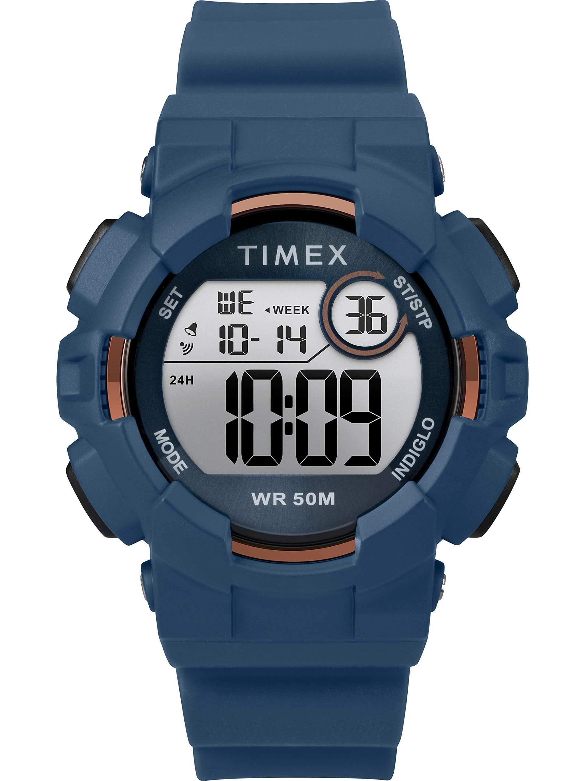 Timex Unisex TW5M23500 DGTL Mako Digital 44mm Blue/Gold-Tone Silicone Strap Watch