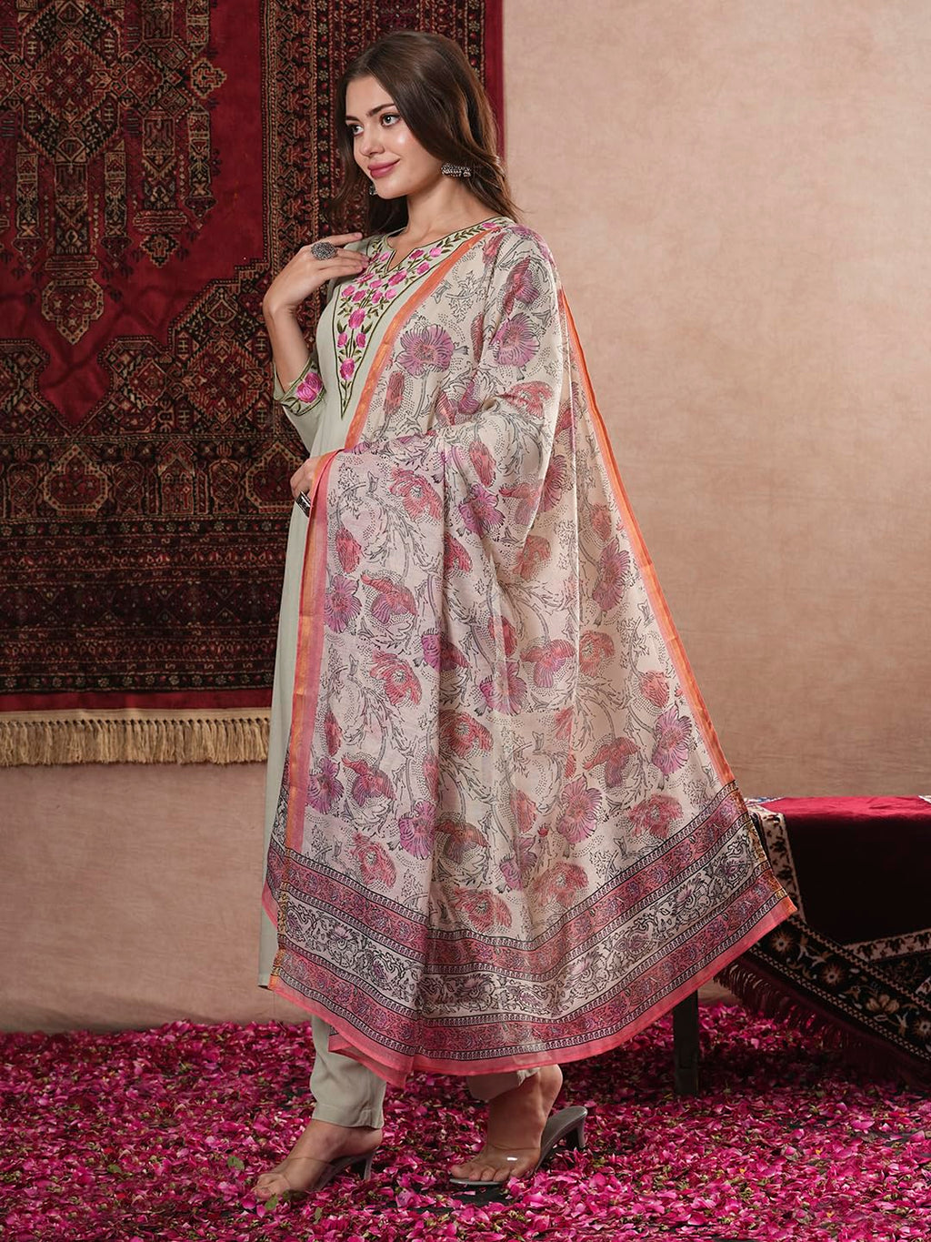 ANNI DESIGNER Womens Cotton Blend Straight Embroidered Kurta with Pant & Dupatta (SARTHI Mehandi_L_Mehandi_Large)