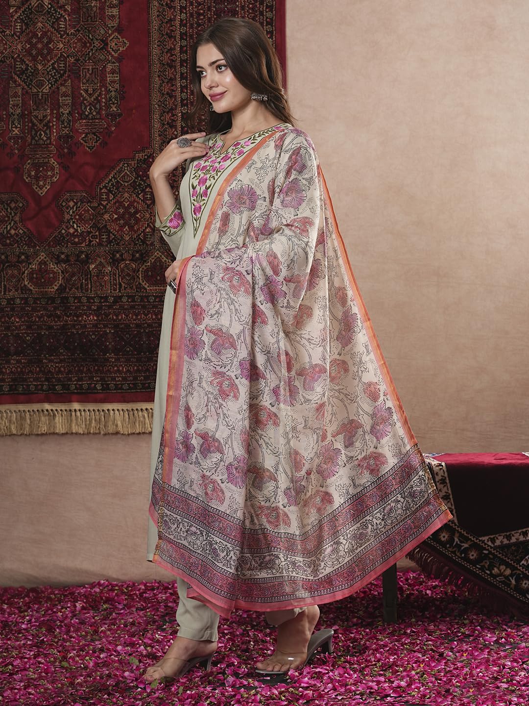 ANNI DESIGNER Womens Cotton Blend Straight Embroidered Kurta with Pant & Dupatta (SARTHI Mehandi_L_Mehandi_Large)