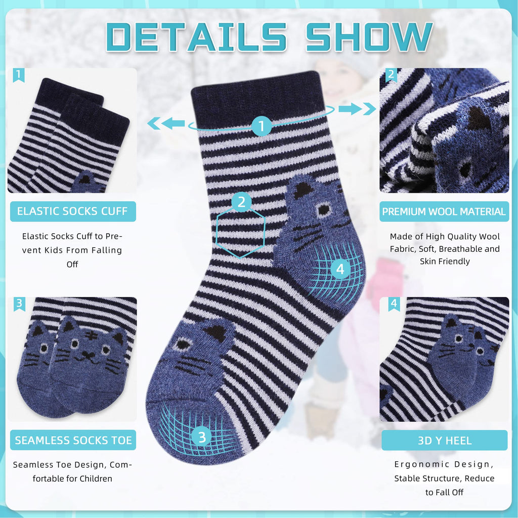 Eocom 6 Pairs Children's Winter Warm Wool Animal Crew Socks Kids Boys Girls Socks(1-3 Years,Cat)
