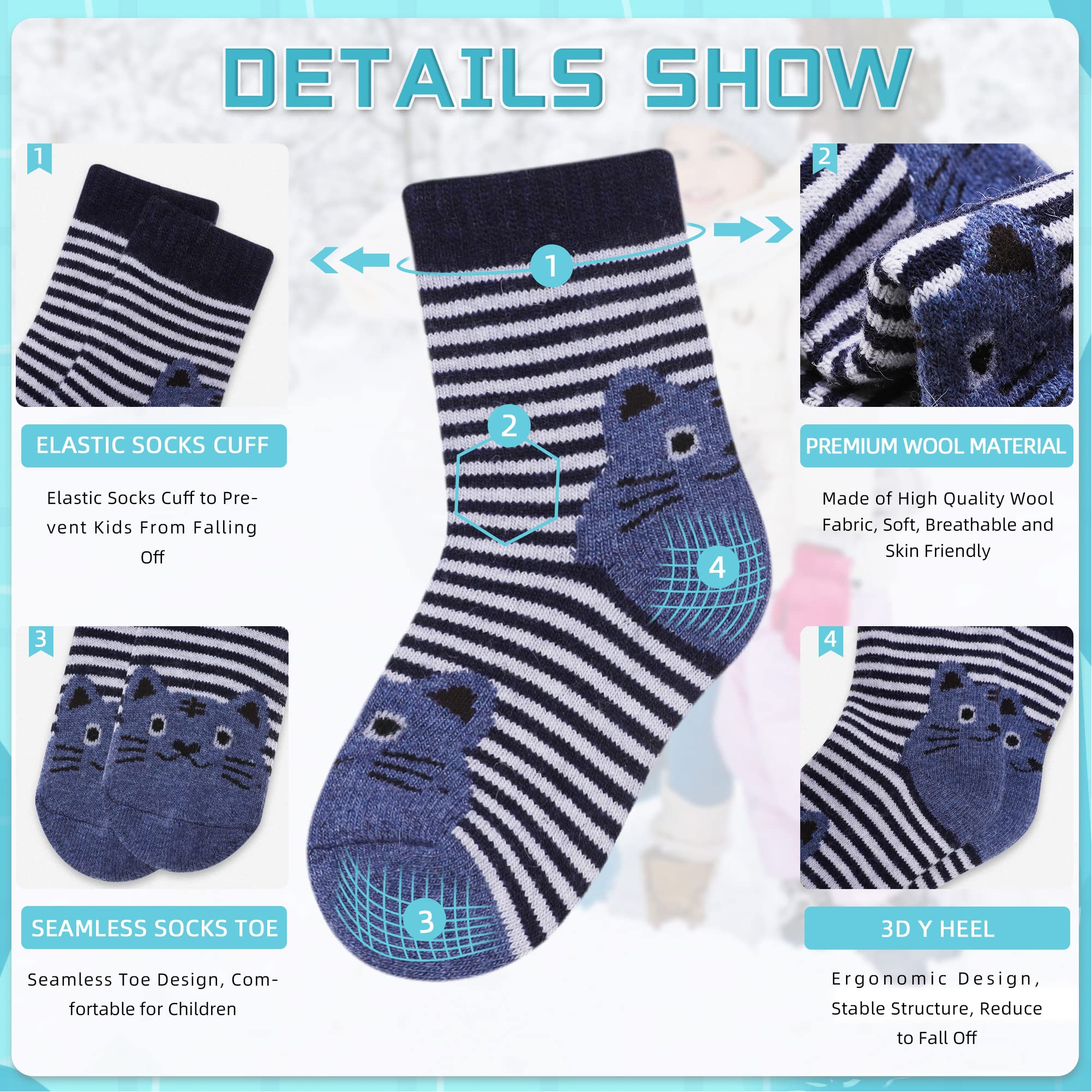 Eocom 6 Pairs Children's Winter Warm Wool Animal Crew Socks Kids Boys Girls Socks(1-3 Years,Cat)