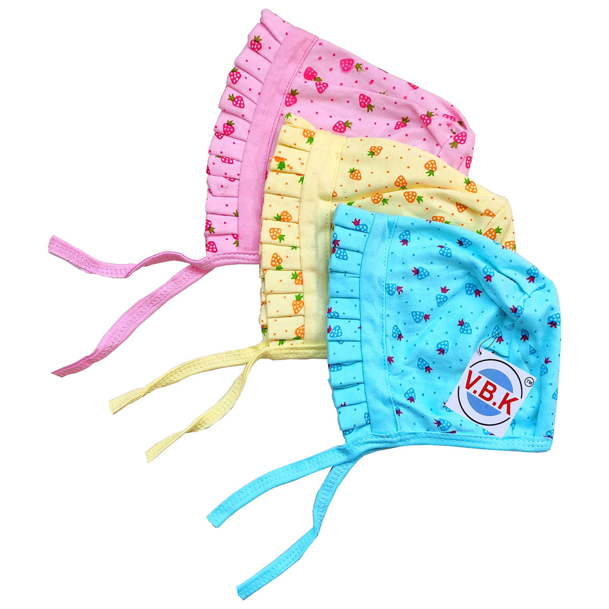 V.B.K Baby Soft Pure Hosiery Fabric Caps With Tai Knot Hat/Topi, Pack Of 3, Hosiery Soft Fabric, Multicolor (03 Months) 0-3