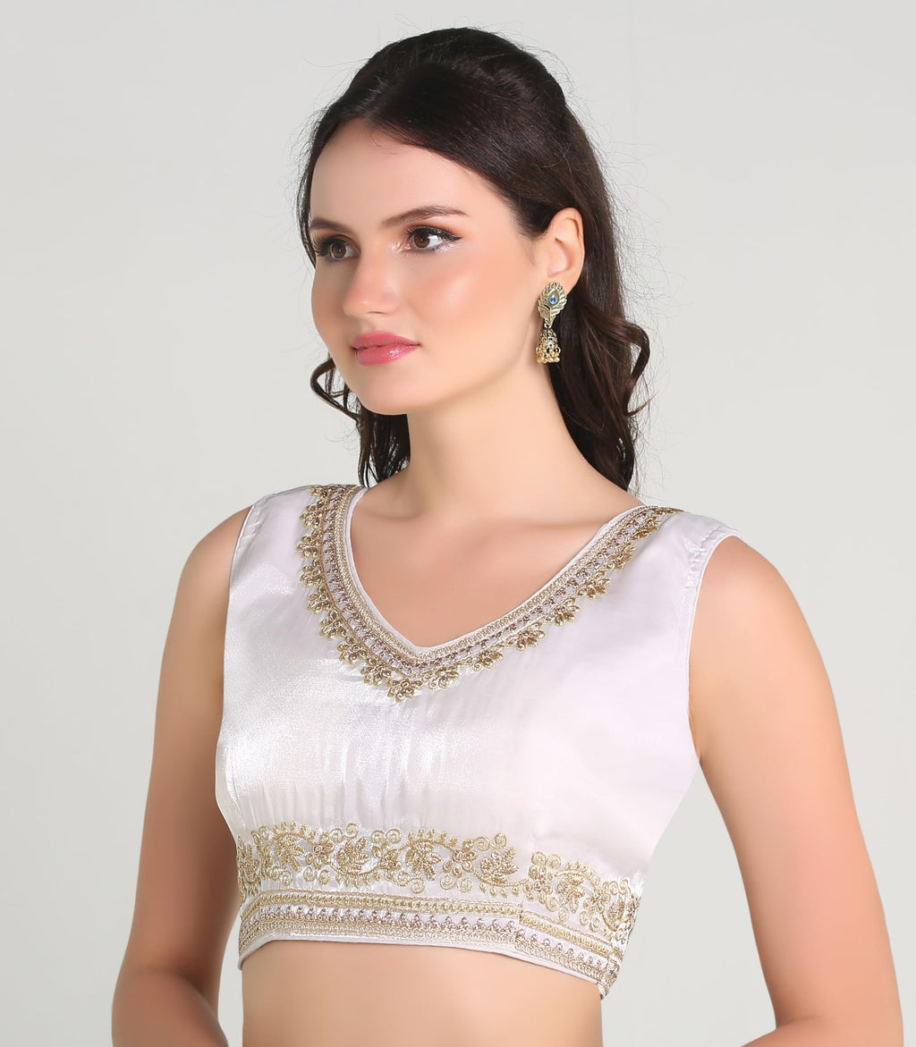 Pujia Mills Womens Sequin Embroidered V Neck Sleeveless Readymade Saree Blouse Indian Ethnic Designer Stitched Readymade Saree