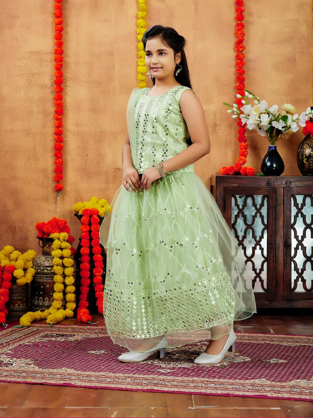 Aarika Girls Ethnic Wear Sea Green Colour Sequin Embroidery Net Lehenga Choli Set (4-10 Years)