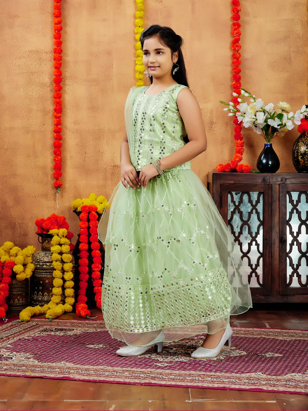 Aarika Girls Ethnic Wear Sea Green Colour Sequin Embroidery Net Lehenga Choli Set (4-10 Years)