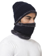 Weavers Villa Snow Proof Inside Fur Acro Unisex Beanie Cap with Neck Warmer & Woollen Gloves Set Knit Hat Thick Fleece Lined Win