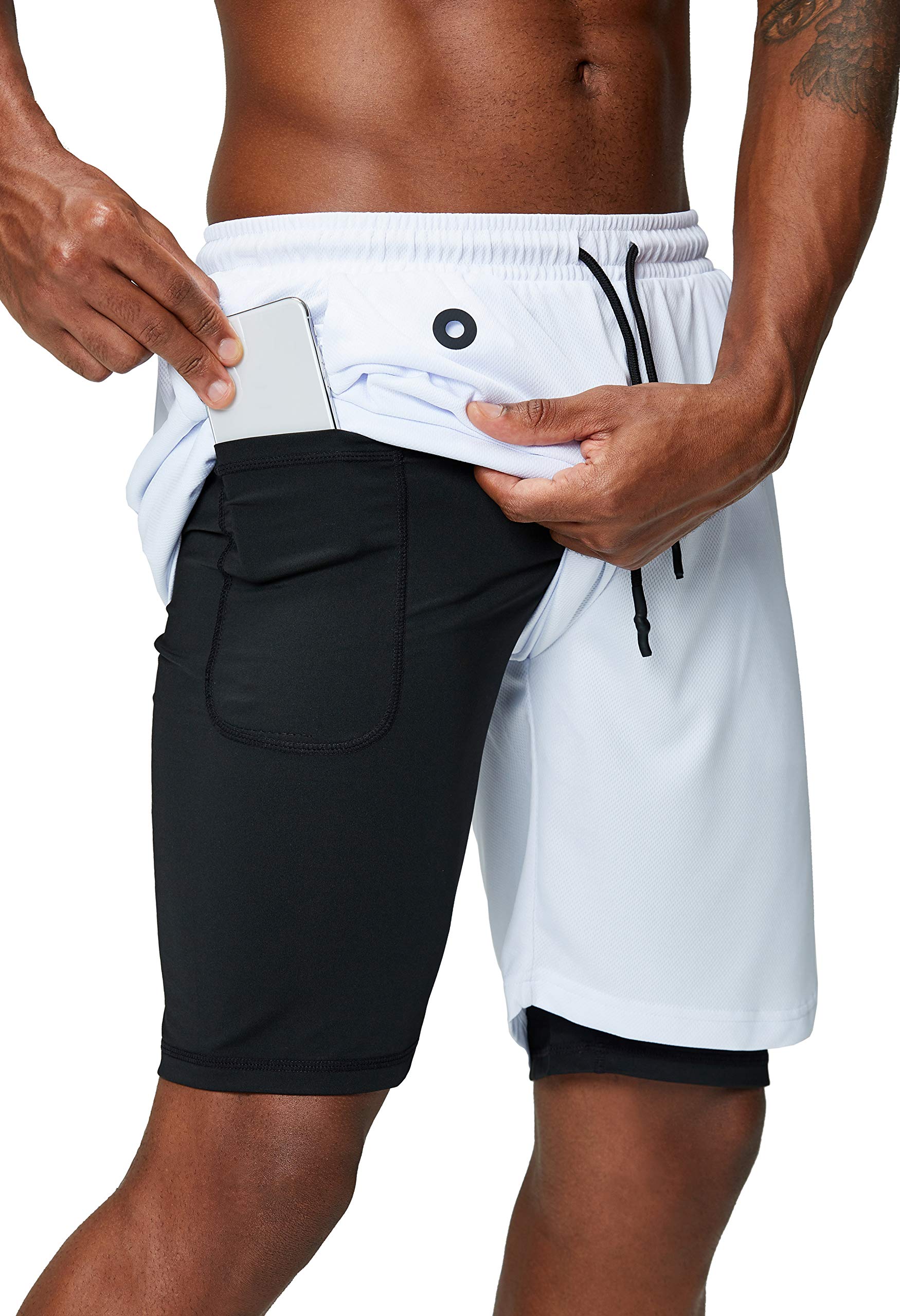 Pinkbomb Men's 2 in 1 Running Shorts Gym Workout Quick Dry Mens Shorts with Phone Pocket (White, XX-Large)