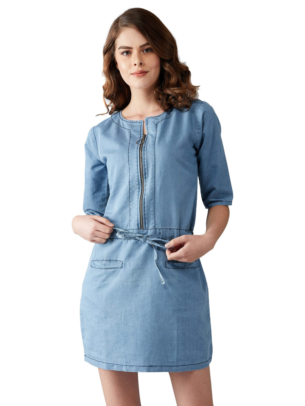 Dolce Crudo Women'S Light Blue Denim Solid Midi Shift Dress(Doaw18Den04-29-158-06,Light Blue,X-Large)