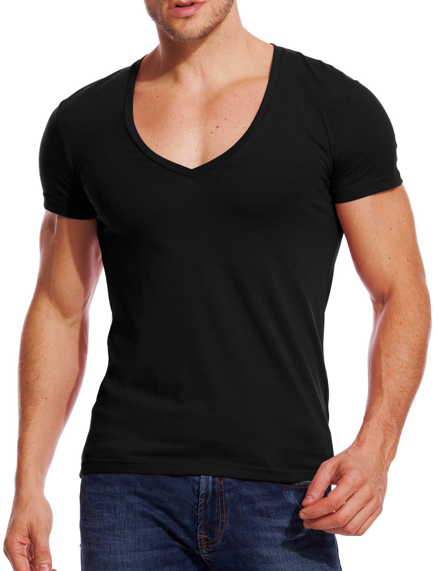 Stretch T Shirt for Men Deep V Neck Tee Muscle Fit Low Cut Male Top Black L
