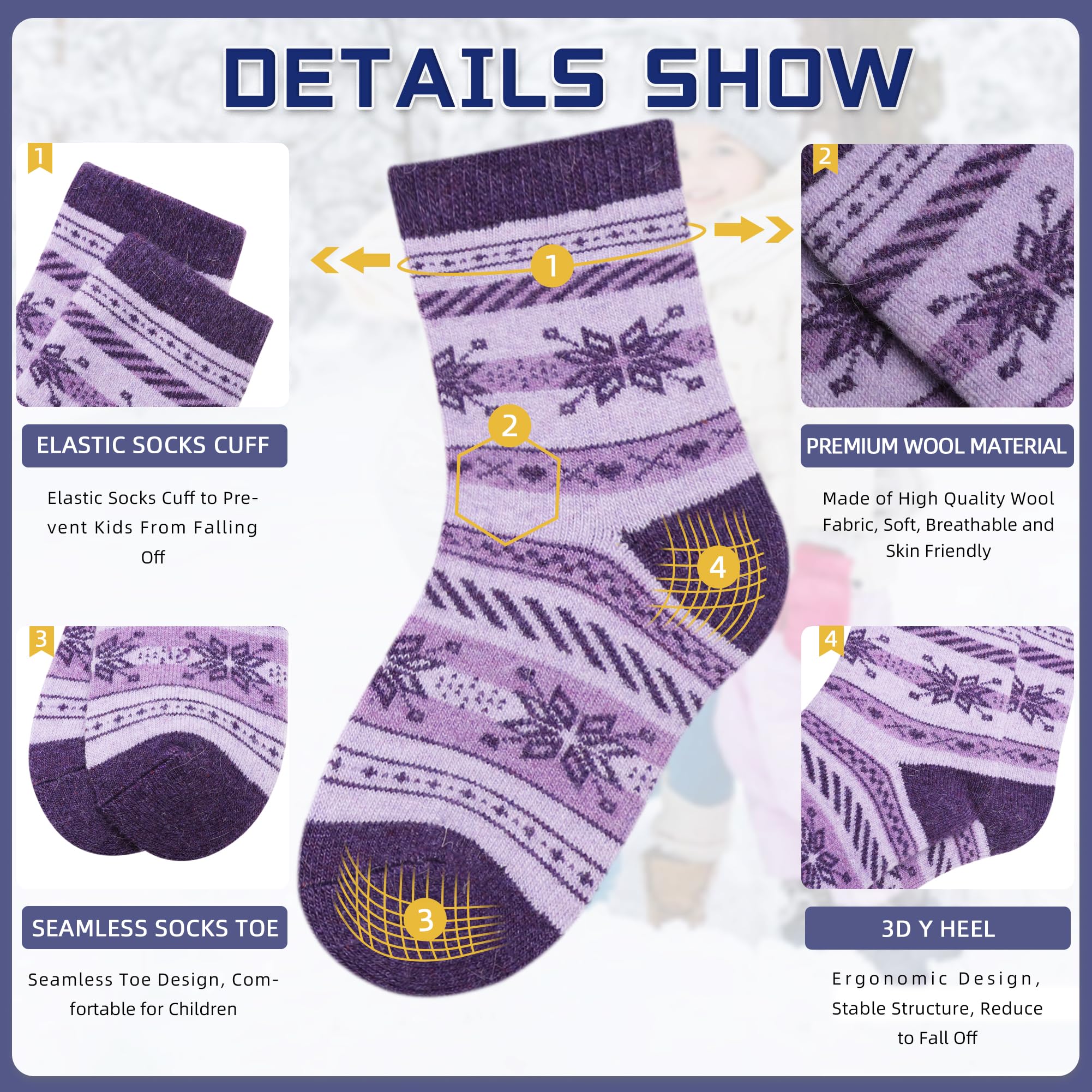 Eocom 6 Pairs Children's Winter Warm Wool Socks Kids Toddlers Boys Girls Thermal Thick Boot Cozy Crew Socks (8-12 Years, Snowfla