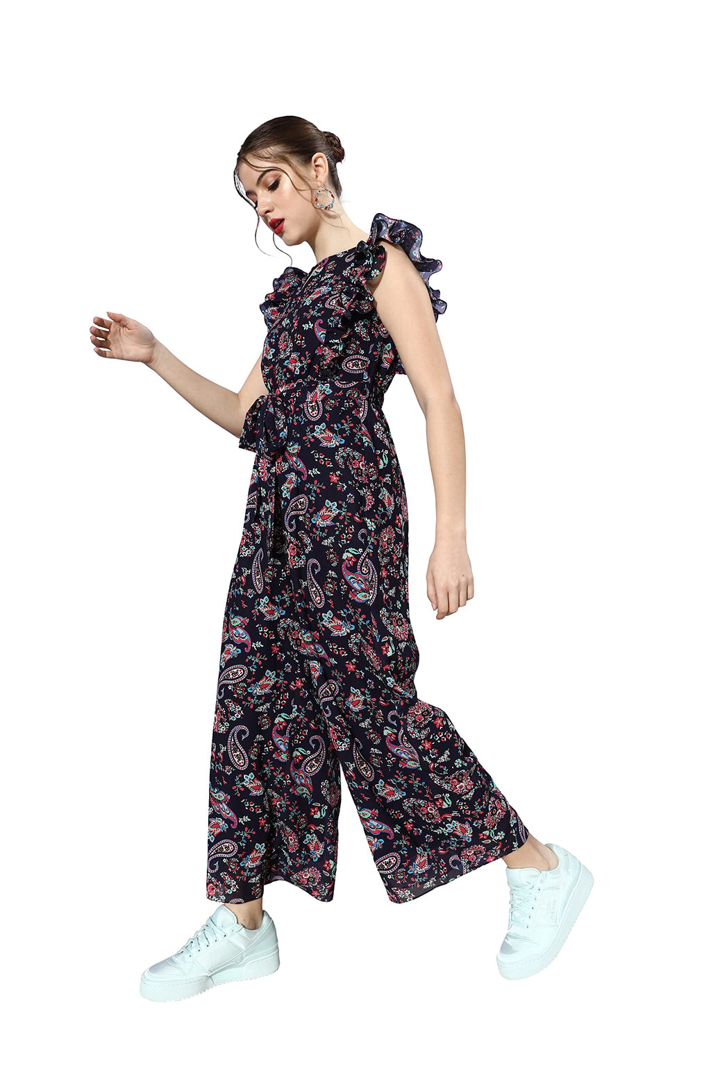 Miss Chase Womens Round Neck Sleeveless Floral Wide Leg Regular Jumpsuit (MCAW24D95-62-178-06, Multicolored-Base-Navy Blue, XL)