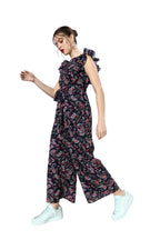 Miss Chase Womens Round Neck Sleeveless Floral Wide Leg Regular Jumpsuit (MCAW24D95-62-178-06, Multicolored-Base-Navy Blue, XL)